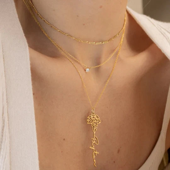Birth Flower Signature Name Necklace