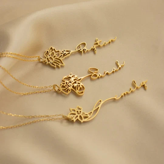 Birth Flower Signature Name Necklace